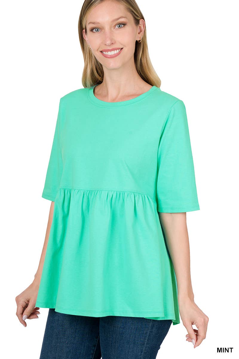 Half Sleeve Empire Waist Shirring Round Neck Top