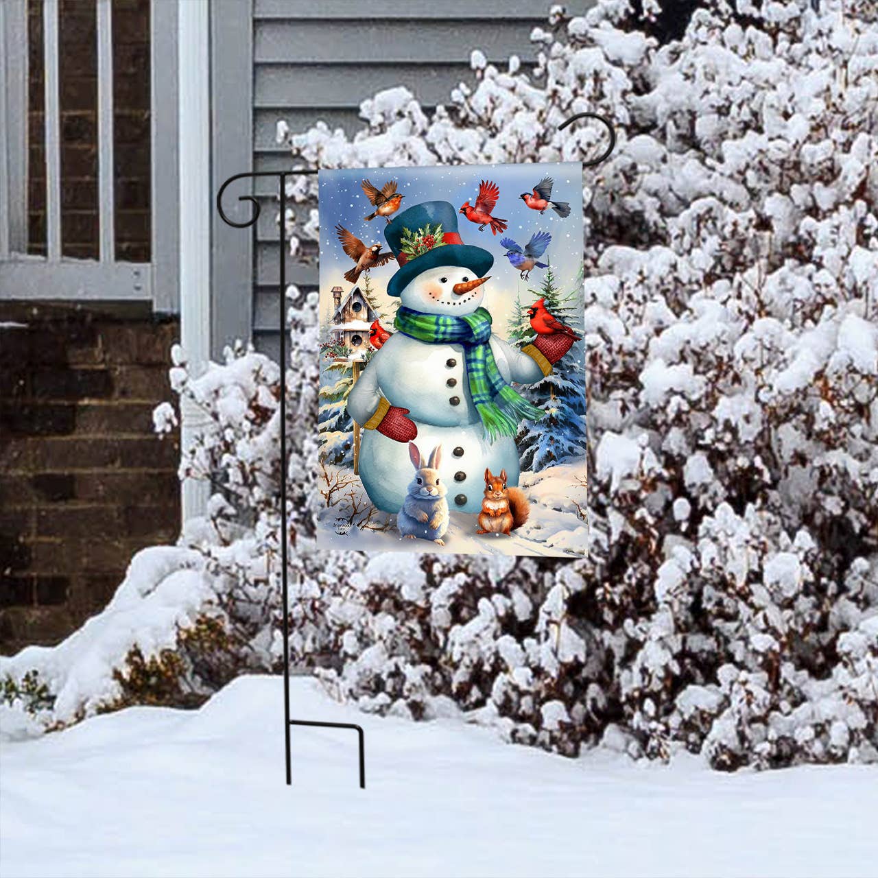 Snowman and Birds Garden Flag
