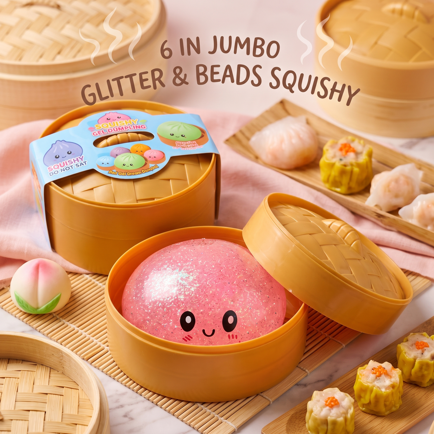 6" Jumbo Glitter + Beads Dumpling Bun Squishy Fidget Toy