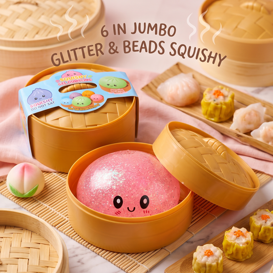 6" Jumbo Glitter + Beads Dumpling Bun Squishy Fidget Toy
