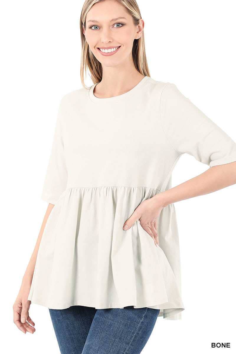 Half Sleeve Empire Waist Shirring Round Neck Top