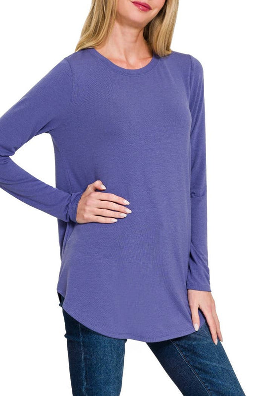 Long Sleeve Round Neck Round Hem Top