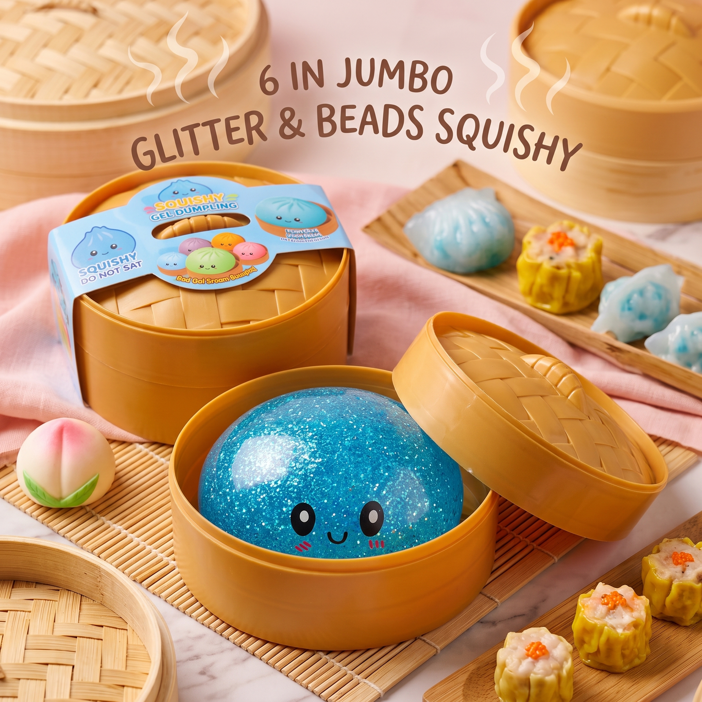 6" Jumbo Glitter + Beads Dumpling Bun Squishy Fidget Toy