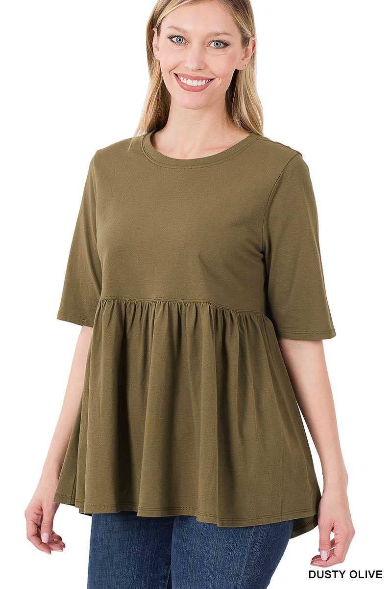 Half Sleeve Empire Waist Shirring Round Neck Top