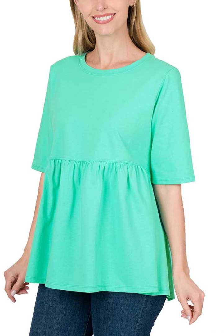 Half Sleeve Empire Waist Shirring Round Neck Top