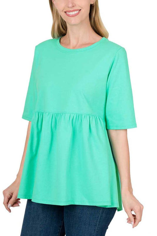 Half Sleeve Empire Waist Shirring Round Neck Top