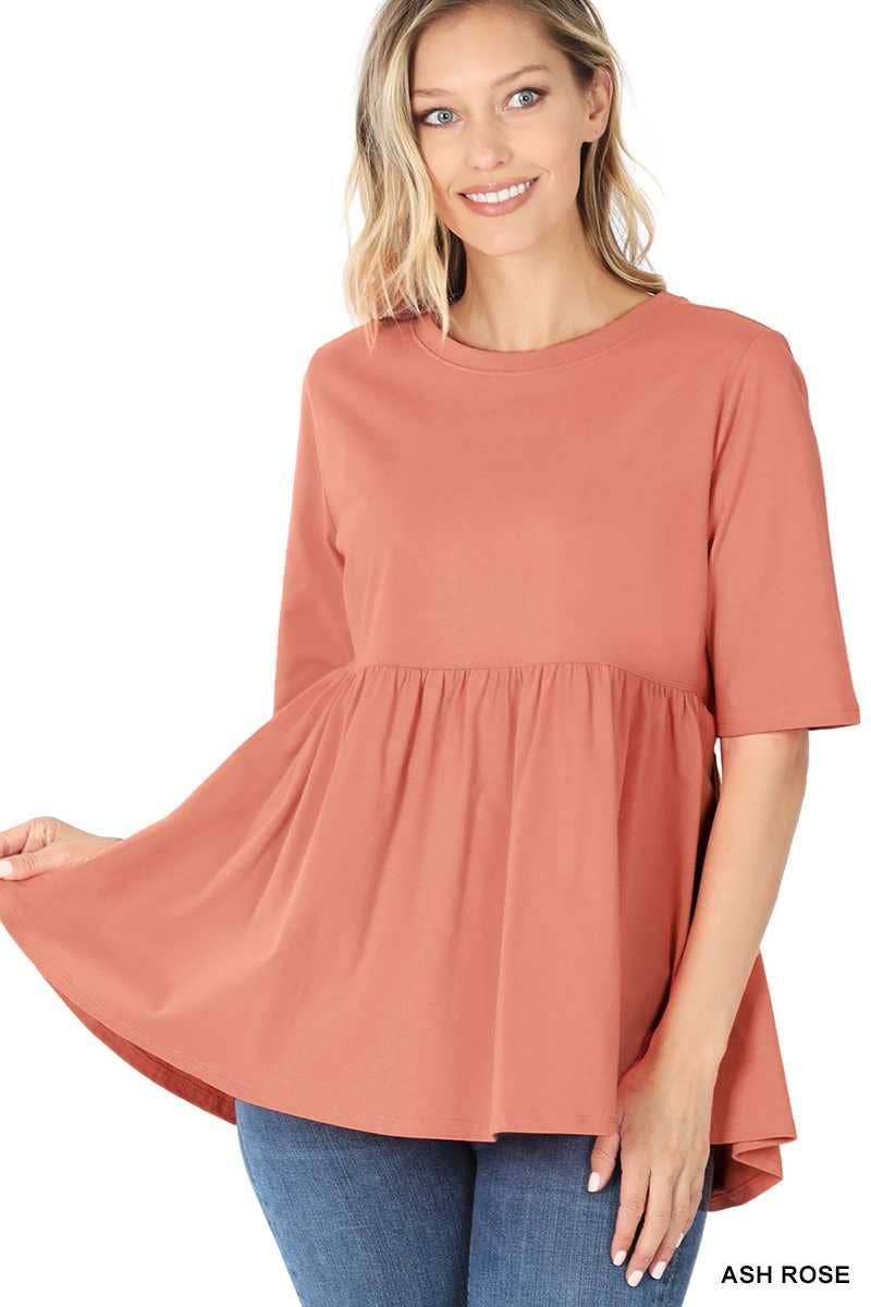 Half Sleeve Empire Waist Shirring Round Neck Top