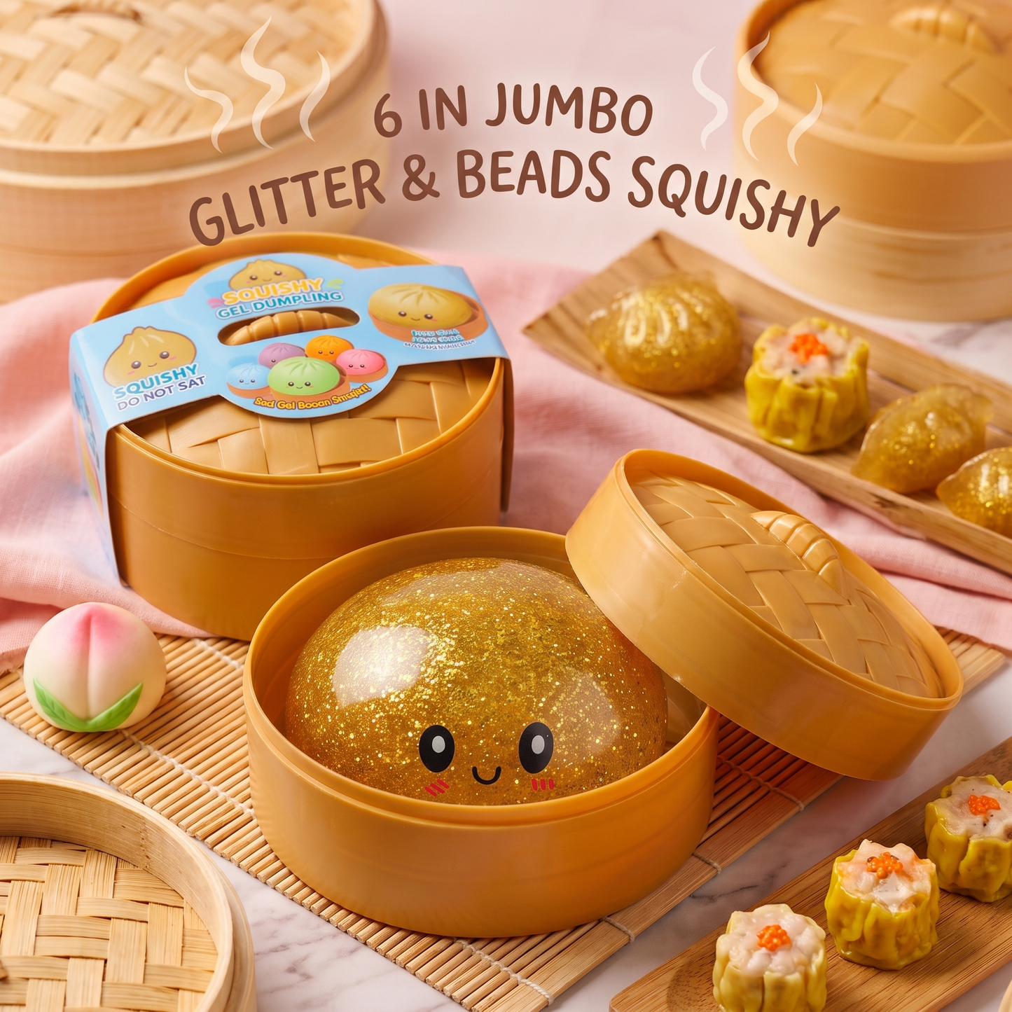 6" Jumbo Glitter + Beads Dumpling Bun Squishy Fidget Toy