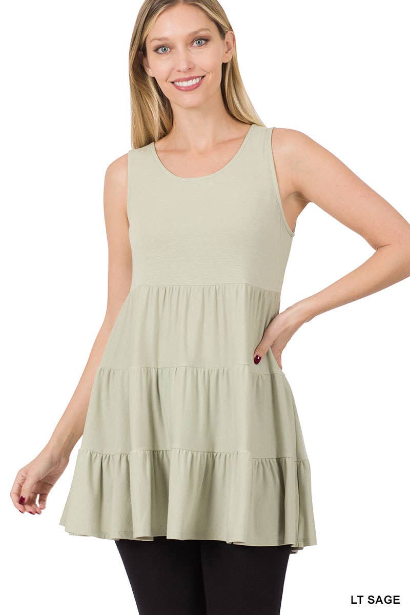 Solid Tiered Ruffle Sleeveless Tunic Top