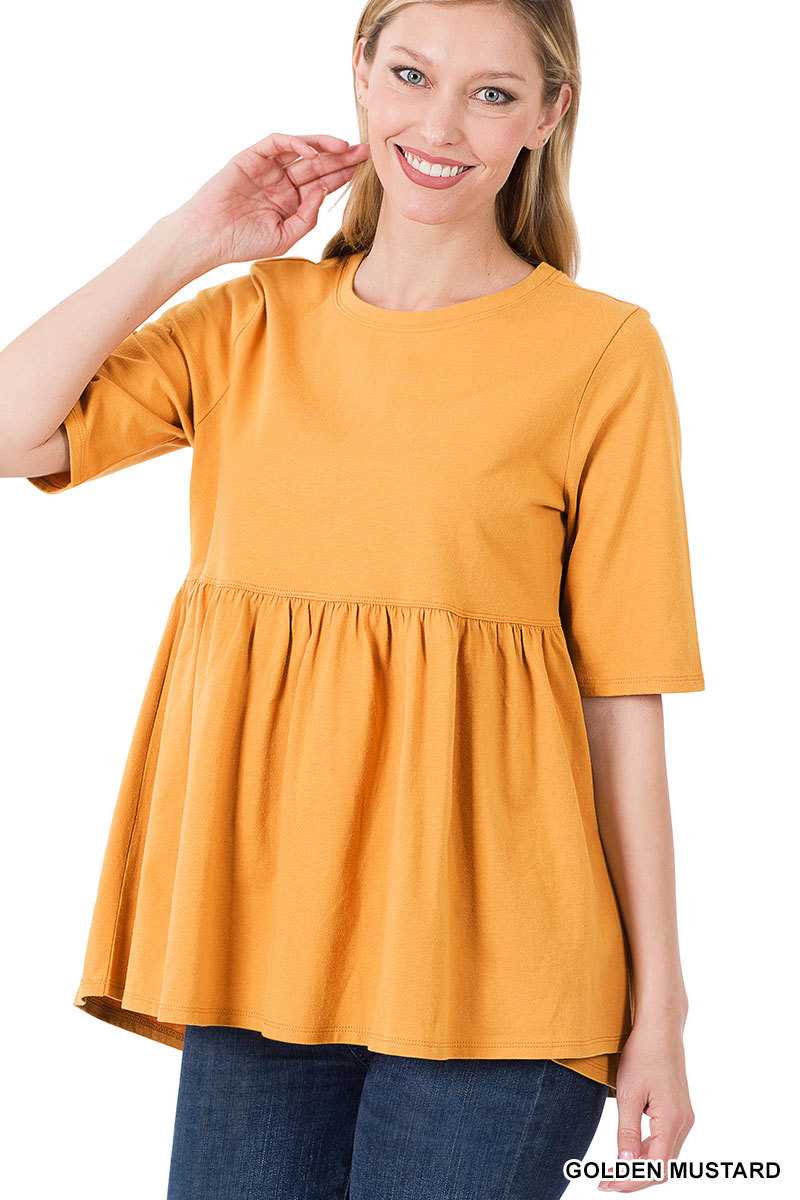Half Sleeve Empire Waist Shirring Round Neck Top