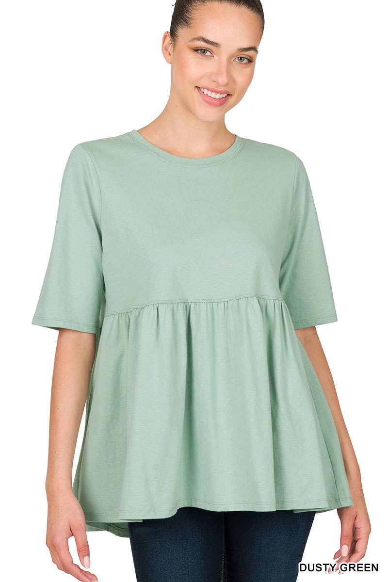 Half Sleeve Empire Waist Shirring Round Neck Top
