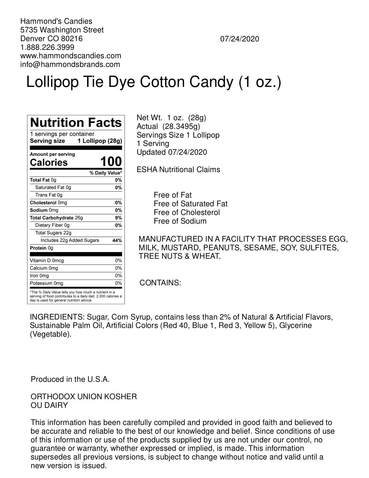 Handmade Lollipop - Tie Dye Cotton Candy - 1 oz