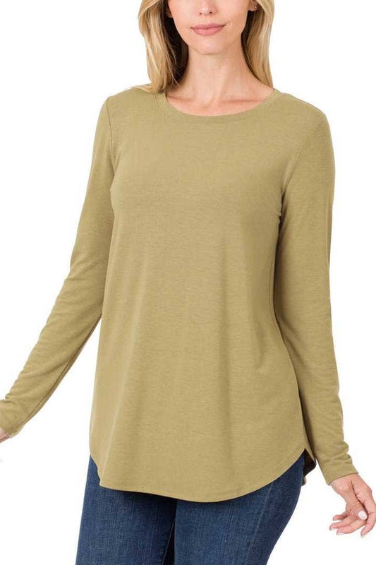 Long Sleeve Round Neck Round Hem Top
