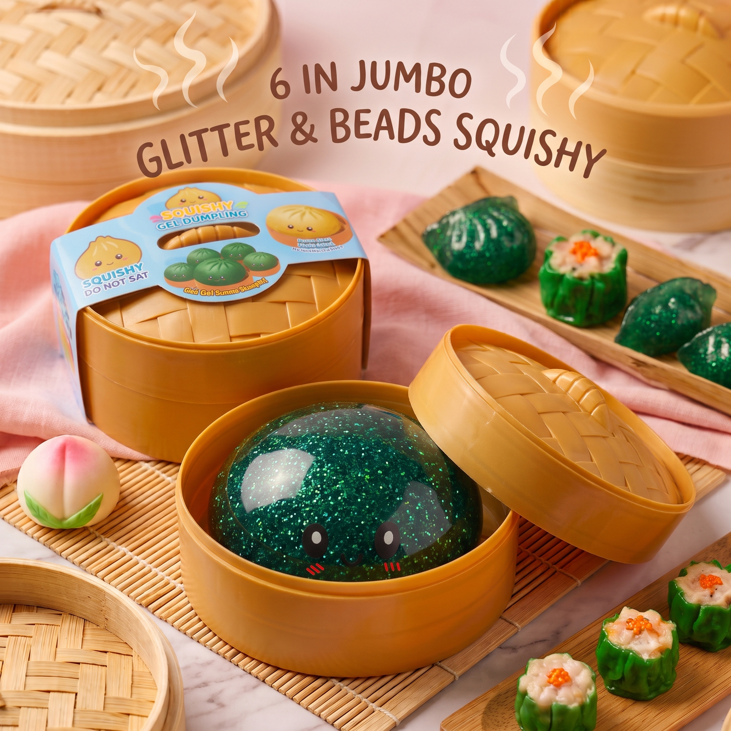 6" Jumbo Glitter + Beads Dumpling Bun Squishy Fidget Toy