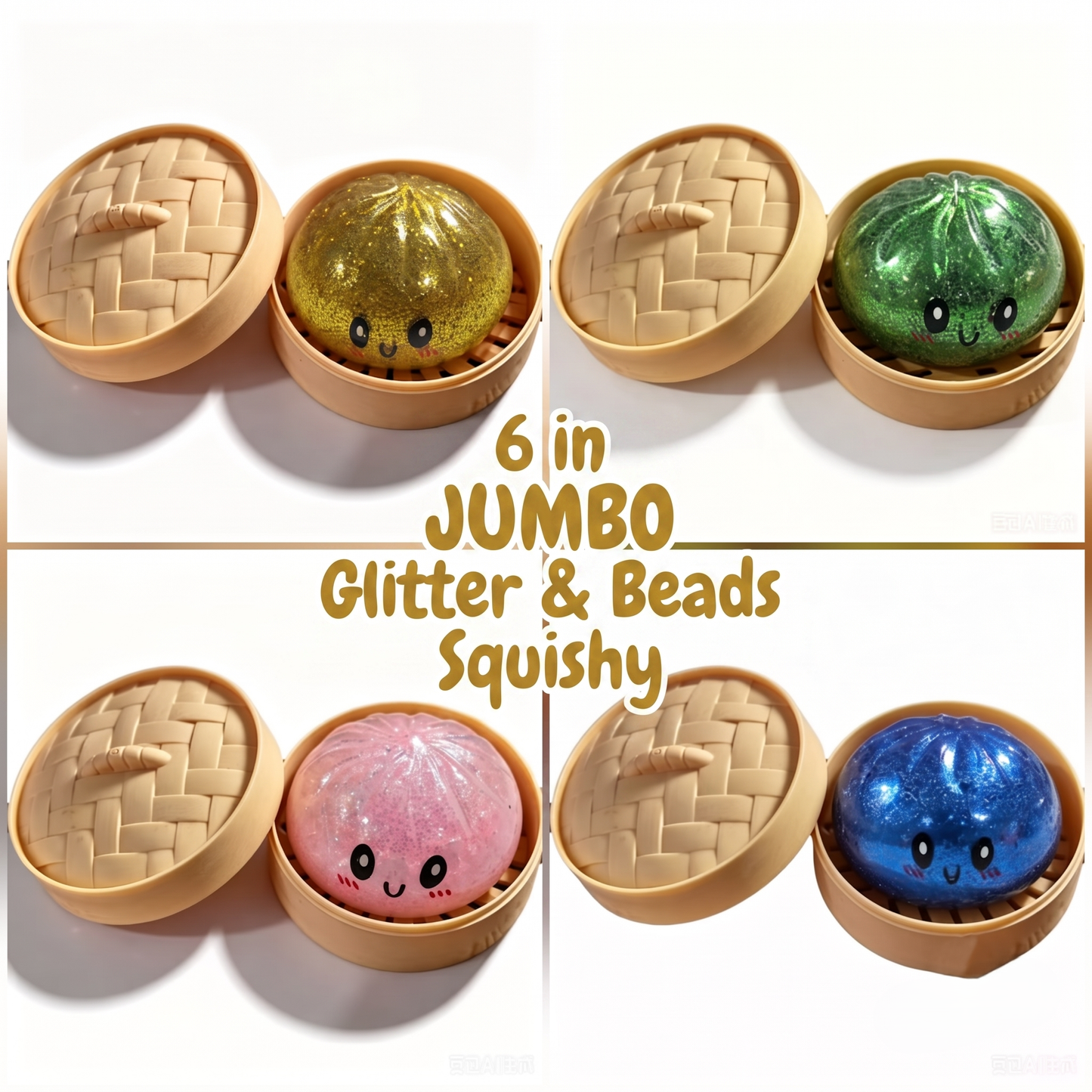 6" Jumbo Glitter + Beads Dumpling Bun Squishy Fidget Toy