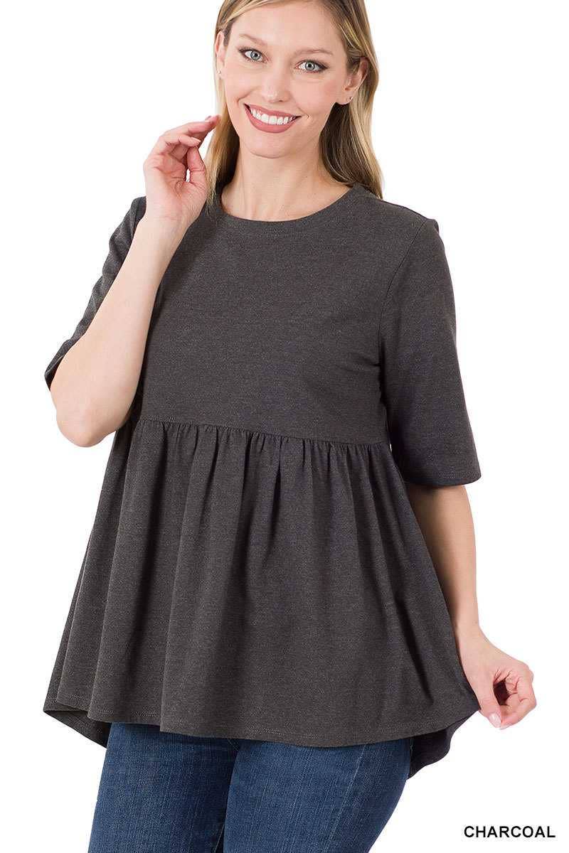 Half Sleeve Empire Waist Shirring Round Neck Top