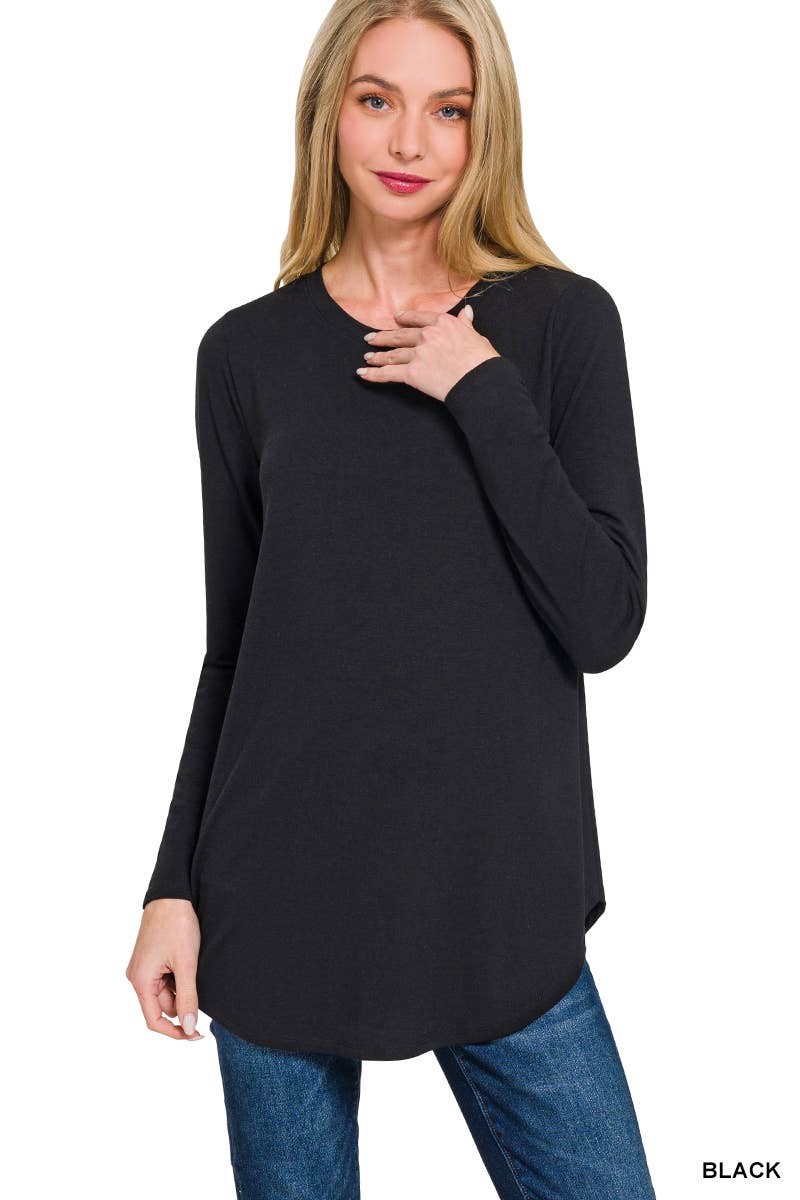 Long Sleeve Round Neck Round Hem Top